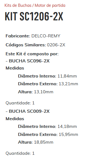 KIT SC1206-2X - KIT BUCHA PARTIDA DELCO/ OPALA/ CARAVAN 4 E 6 CIL/ ESTE KIT É COMPOSTO POR: 1 - BUCHA SC096-2X/ 1 - BUCHA SC009-2X - KIT KIT SC1206-2X - KIT BUCHA PARTIDA DELCO/ OPALA/ CARAVAN 4 E 6 CIL/ ESTE KIT É COMPOSTO POR: 1 - BUCHA SC096-2X/ 1 - BUCHA SC009-2X - KIT