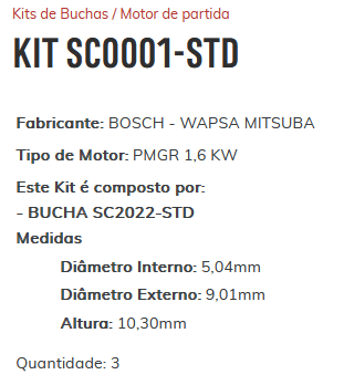 KIT SC0001-STD - KIT BUCHA PARTIDA FIAT ARGO/ TORO/ MOBI/ RENEGADE/ CIVIC/ ESTE KIT É COMPOSTO POR: 3-BUCHA SC2022-STD - KIT
