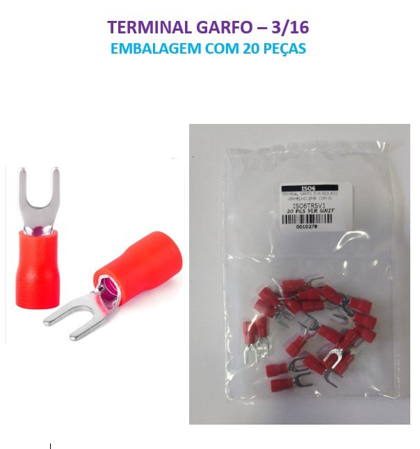 ISO6TRSV1 - TERMINAL GARFO 3/16 ISOLADO VERMELHO (EMB. COM 20 PEÇAS - VALOR UNITARIO) - PC