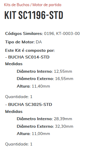 KIT SC1196-STD - KIT BUCHA PARTIDA BOSCH/ GOL BOLA/ MI/ PARATI MI/ WAPSA/ VW - ESTE KIT É COMPOSTO POR: 1-BUCHA SC014-STD/ 1-BUCHA SC3025-STD - KIT KIT SC1196-STD - KIT BUCHA PARTIDA BOSCH/ GOL BOLA/ MI/ PARATI MI/ WAPSA/ VW - ESTE KIT É COMPOSTO POR: 1-BUCHA SC014-STD/ 1-BUCHA SC3025-STD - KIT