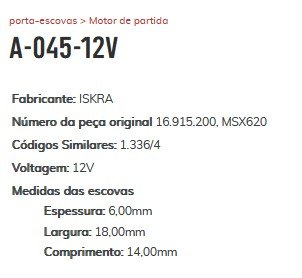 A-045-12V - PORTA ESCOVA PARTIDA ISKRA EMPILHADEIRA/ JBC/ YALE/ ATLAS/ BOBCAT12V - PC
