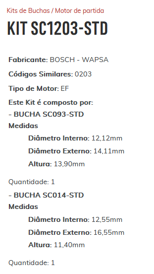 KIT SC1203-STD - KIT BUCHA PARTIDA BOSCHINHO/ FIAT 147 TDS/ GOL/ CORCEL/ VOY/ SAV/ PAR/ ESTE KIT É COMPOSTO POR: 1 - BUCHA SC093-STD/ 1 - BUCHA SC014-STD - KIT KIT SC1203-STD - KIT BUCHA PARTIDA BOSCHINHO/ FIAT 147 TDS/ GOL/ CORCEL/ VOY/ SAV/ PAR/ ESTE KIT É COMPOSTO POR: 1 - BUCHA SC093-STD/ 1 - BUCHA SC014-STD - KIT