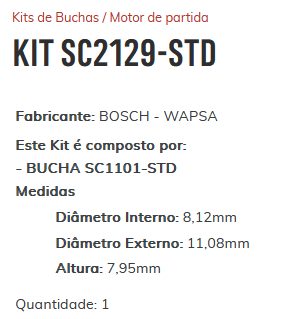 KIT SC2129-STD - KIT BUCHA PARTIDA F250/ FRONTIER/ S10 - ESTE KIT É COMPOSTO POR: 1-BUCHA SC1101-STD/ 1-BUCHA SC1261-STD/ 1-BUCHA SC2300-STD/ 1-BUCHA SC2056-STD - KIT