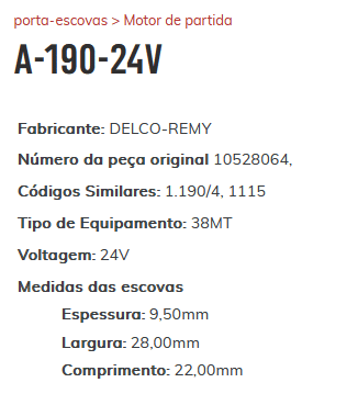 A-190-24V - PORTA ESCOVA PARTIDA DELCO 38MT 24V - SCANIA/ VOLVO/ VW/ FORD - PC A-190-24V - PORTA ESCOVA PARTIDA DELCO 38MT 24V - SCANIA/ VOLVO/ VW/ FORD - PC