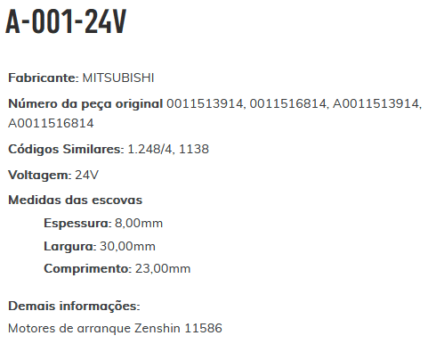 A-001-24V - PORTA ESCOVA PARTIDA MITSUBISHI CAM. MB ACTROS/ AXOR/ ESCAV. VOLVO 700/460/360 - PC