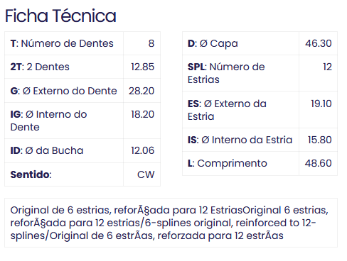 99.1800.0 - IMPULSOR PARTIDA HYUNDAI, AZERA, SORATA, SANTA FE, VERA CRUZ, GENESIS, SORETO, COM 8 DENTES E 12 ESTRIAS (EMB. COM 01 PECA - VALOR UNITARIO) - PC