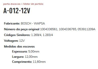 A-012-12V - PORTA ESCOVA PARTIDA 12V BOSCH/ GOLF/ POLO/ CORDOBA - PC