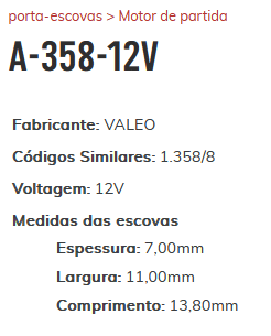 A-358-12V - PORTA ESCOVA PARTIDA VALEO/ GOLF/ TIGUAN/ NISSAN/ AUDI/ FORD/ VOLVO - PC A-358-12V - PORTA ESCOVA PARTIDA VALEO/ GOLF/ TIGUAN/ NISSAN/ AUDI/ FORD/ VOLVO - PC