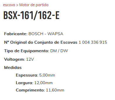 EP-BSX-161/162-E - ESCOVA PARTIDA BOSCH GM CELTA/ CORSA/ PALIO/ GOL/ GOLF 12V 5 X 12 X 11.6 MM - (A-115-12V) - JG