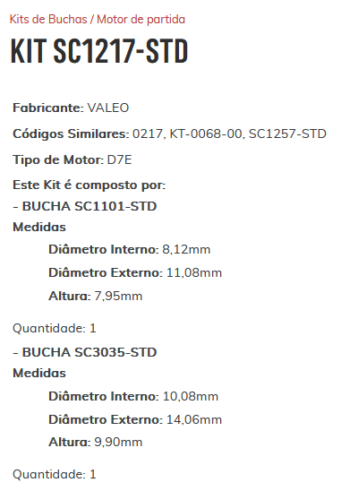 KIT SC1217-STD - KIT BUCHA PARTIDA VALEO/ FIESTA/ ECOSPORT/ KA/ FIESTA 1.0L/ 1.6L ZETEC ROCAM/ ECOSPORT 1.0 LSUPERCHARGER/ ESCORT 1.6L ZETEC ROCAM ANO 07/99> - KIT