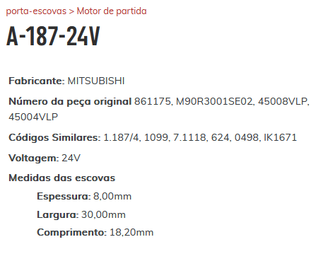 A-187-24V - PORTA ESCOVA PARTIDA 24V VW CONSTALLATION 370 VOLVO - PC A-187-24V - PORTA ESCOVA PARTIDA 24V VW CONSTALLATION 370 VOLVO - PC