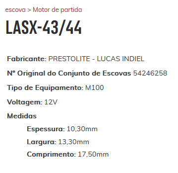 EP-LASX-43/44 - ESCOVA PARTIDA LUCAS PICK UP FORD F-1000 ALCOOL E GASOLINA -10,30 X 13,30 X 17,50 MM - JG