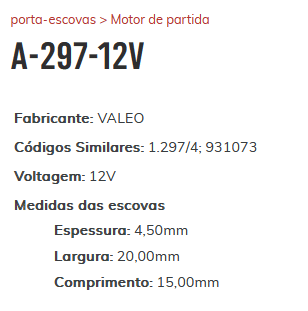 A-297 12V - PORTA ESCOVA PARTIDA VALEO 12V HR100/ PORTER/ KIA/ BONGO - PC A-297 12V - PORTA ESCOVA PARTIDA VALEO 12V HR100/ PORTER/ KIA/ BONGO - PC
