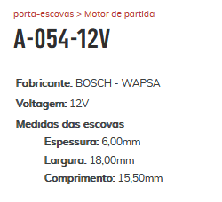 A-054-12V - PORTA ESCOVA PARTIDA BOSCH JOHN DEERE/ M BENS/ VW 12V - PC
