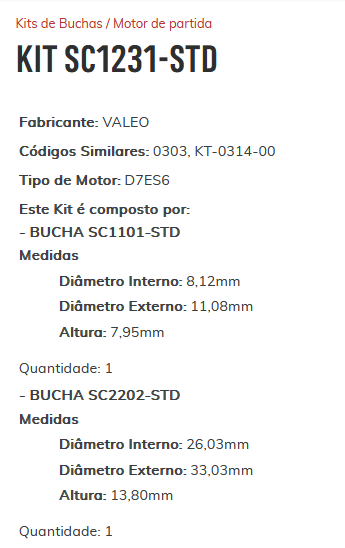 KIT SC1231-STD - KIT BUCHA PARTIDA VALEO FOX/ GOL G4- G5/ VOY/ SAV 1.0/ 1.6 8V 2003/...ESTE KIT É COMPOSTO POR:     1-BUCHA SC1101-STD/ 1-BUCHA SC2202-STD - KIT