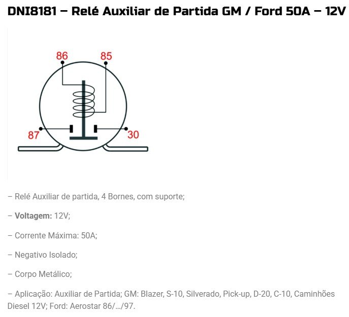 DNI8181 12V - RELE AUXILIAR USO CONTINUO GM/ MERCEDES-BENS 50A 4 BORNES 12V - PC