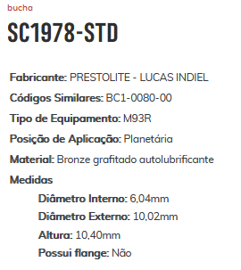 SC1978-STD - BUCHA PARTIDA PRESTOLITE/ LUCAS INDIEL/ M93R (EMB. COM 10 PECAS- VALOR UNITARIO) - PC