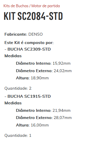 KIT SC2084-STD - KIT BUCHA PARTIDA COLHEITADEIRA - ESTE KIT É COMPOSTO POR: 1-BUCHA SC2309-STD/ 1-BUCHA SC1915-STD - KIT