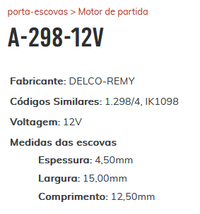 A-298 12V - PORTA ESCOVA PARTIDA SONATA/ IX-35/ ELANTRA/ SANTA FÉ 2.4 L/ TUCSON/ KIA/ MAGENTIS 2.4/ OPTIMA/ SORENTO/ GENESIS G80/ SPORTAGE/ K900 - PC