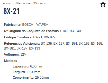 EA-BX-21 - ESCOVA ALTERNADOR MWM/ PK/ MB TRATORES - 6,00 X 22,00 X 25,00 MM - JG