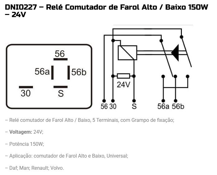DNI0227 24V - RELE FAROL 24V ALTO E BAIXO, VOLVO, SCANIA COM 5 TERMINAL (EMB. COM 01 PECA - VALOR UNITARIO) - PC DNI0227 24V - RELE FAROL 24V ALTO E BAIXO, VOLVO, SCANIA COM 5 TERMINAL (EMB. COM 01 PECA - VALOR UNITARIO) - PC