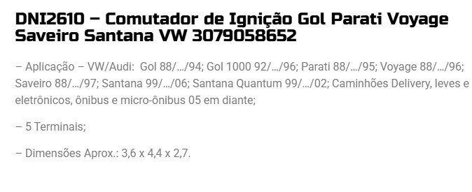 DNI2610 - COMUTADOR IGNICAO 5 PINOS/ CAM VW/ GOL/ PARATI/ VOYAGE/ SAVEIRO - PC