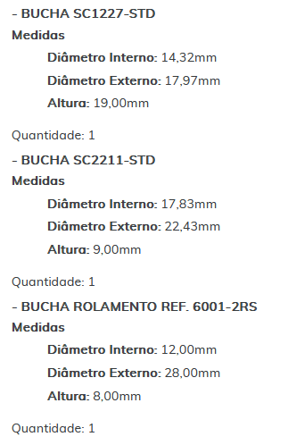 KIT SC1283-STD - KIT BUCHA PARTIDA FORD CARGO/ VW CONSTELLATION/ ESTE KIT É COMPOSTO POR:     1 - BUCHA SC2201-STD/ 1 - BUCHA SC1227-STD/ 1 - BUCHA SC2211-STD/ 1 - BUCHA ROLAMENTO REF. 6001-2RS - KIT