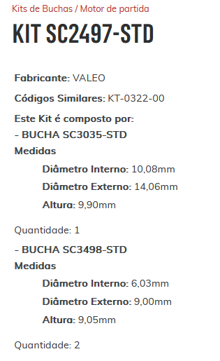 KIT SC2497-STD - KIT BUCHA PARTIDA NEW FIESTA/ FOCUS/ ECOSPORT/ ESTE KIT É COMPOSTO POR: 1 - BUCHA SC3035-STD/ 2 - BUCHA SC3498-STD - KIT KIT SC2497-STD - KIT BUCHA PARTIDA NEW FIESTA/ FOCUS/ ECOSPORT/ ESTE KIT É COMPOSTO POR: 1 - BUCHA SC3035-STD/ 2 - BUCHA SC3498-STD - KIT