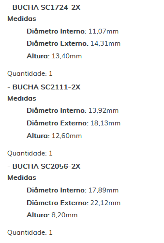 KIT SC1242-2X - KIT BUCHA PARTIDA PREST M93R CAM VW/ SPRINT/ F250/ ESTE KIT É COMPOSTO POR: 1 - BUCHA SC1963-2X/ 1 - BUCHA SC1724-2X/ 1 - BUCHA SC2111-2X/ 1 - BUCHA SC2056-2X - KIT KIT SC1242-2X - KIT BUCHA PARTIDA PREST M93R CAM VW/ SPRINT/ F250/ ESTE KIT É COMPOSTO POR: 1 - BUCHA SC1963-2X/ 1 - BUCHA SC1724-2X/ 1 - BUCHA SC2111-2X/ 1 - BUCHA SC2056-2X - KIT