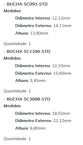 KIT SC1258 STD - KIT BUCHA PARTIDA PRESTOLITE/ LUCAS/ VW/ FORD/ POLO/ FOCUS (ESTE KIT CONTEM 01 BUCHA SCSC1101- 01 BUCHA SC093- 01 BUCHA SC1100- 01 BUCHA SC3008) - KIT