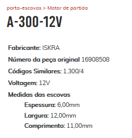 A-300-12V - PORTA ESCOVA ISKRA VW GOLF/ JETTA/ POLO/ IBIZA/ CORDOBA - PC A-300-12V - PORTA ESCOVA ISKRA VW GOLF/ JETTA/ POLO/ IBIZA/ CORDOBA - PC