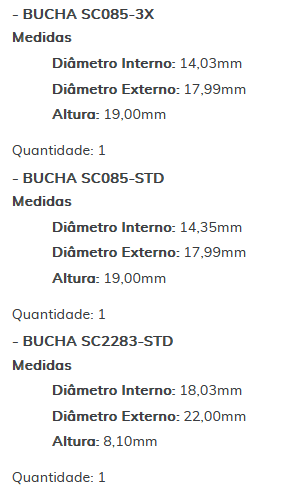 KIT SC2607-STD - KIT BUCHA PARTIDA ISKRA - ESTE KIT É COMPOSTO POR: 1-BUCHA SC1871-STD/ 1-BUCHA SC085-3X/ 1-BUCHA SC085-STD/ 1-BUCHA SC2283-STD - KIT KIT SC2607-STD - KIT BUCHA PARTIDA ISKRA - ESTE KIT É COMPOSTO POR: 1-BUCHA SC1871-STD/ 1-BUCHA SC085-3X/ 1-BUCHA SC085-STD/ 1-BUCHA SC2283-STD - KIT