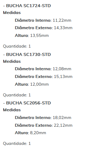 KIT SC1243-STD - KIT BUCHA PARTIDA BOSCH/ F250/ F350/ DUCATO/ SPRINTER/ MB/ ESTE KIT É COMPOSTO POR:     1 - BUCHA SC1963-STD/ 1 - BUCHA SC1724-STD/ 1 - BUCHA SC1730-STD/ 1 - BUCHA SC2056-STD - KIT