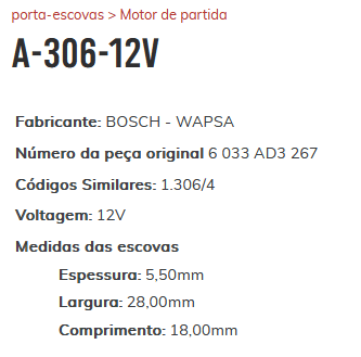 A-306-12V - PORTA ESCOVA PARTIDA WAPSA 12V/ IVECO/ TRATOR - PC