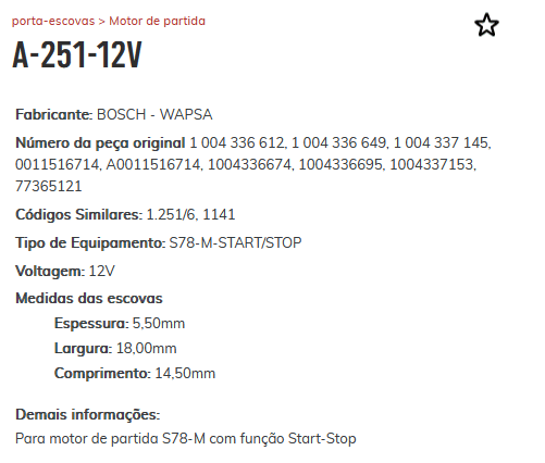 A-251-12V - PORTA ESCOVA PARTIDA START STOP - VW/ HYUNDAI/ AUDI/ FORD/ PEUGEOT - PC