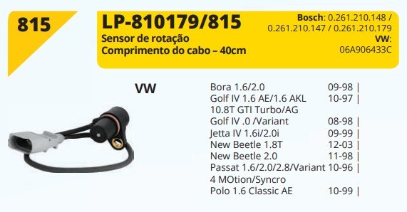 LP815 - SENSOR ROT.VW BORA/GOLF/JETTA/POLO/NEW BEETLE/PASSAT - UN