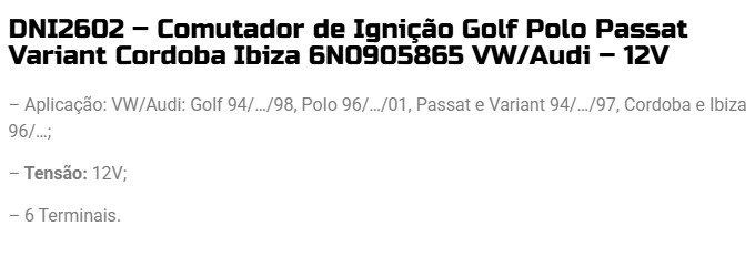 DNI2602 - COMUTADOR IGINICAO VW GOLF/ POLO/ PASSAT/ VARIANT - PC