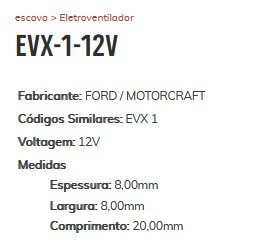EE-EVX-1-12V - ESCOVA ELETROVENTILADOR FORD/ MOTROCRAFT 12V - 8X8X20 (EMB. COM 01 JOGO DE 2 ESCOVAS - VALOR DO KIT) - JG