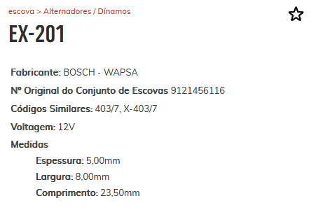 EA-EX-201-12V - ESCOVA ALTERNADOR BOSCH-WAPSA AGRALE/ MERCEDES-BENS/ FORD - JG