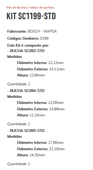 KIT SC1199-STD - KIT BUCHA PARTIDA GOL/ SAV/ KOMBI 1.6 MOTOR DIESEL E GASOLINA/ ESTE KIT É COMPOSTO POR: 1 - BUCHA SC093-STD/ 1 - BUCHA SC094-STD/ 1 - BUCHA SC095-STD - KIT KIT SC1199-STD - KIT BUCHA PARTIDA GOL/ SAV/ KOMBI 1.6 MOTOR DIESEL E GASOLINA/ ESTE KIT É COMPOSTO POR: 1 - BUCHA SC093-STD/ 1 - BUCHA SC094-STD/ 1 - BUCHA SC095-STD - KIT