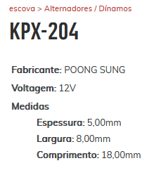 EA-KPX-204-12V - ESCOVA ALTERNADOR POONG SUNG 12V ASIA MOTORS - JG