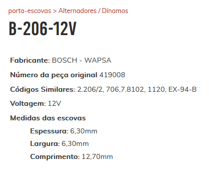B-206-12V - PORTA ESCOVA ALTERNADOR WAPSA FORD F1000/ DEL REY/ VW - PC B-206-12V - PORTA ESCOVA ALTERNADOR WAPSA FORD F1000/ DEL REY/ VW - PC