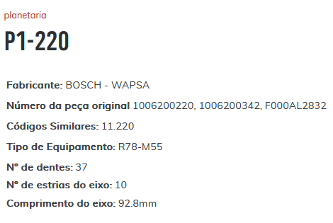 P1-220 - PLANETARIA SW4/ COROLLA/ CAM VW/ DAILLY/ SPRINTER/ DUCATO - CJ P1-220 - PLANETARIA SW4/ COROLLA/ CAM VW/ DAILLY/ SPRINTER/ DUCATO - CJ