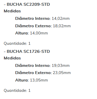 KIT SC1235-STD - KIT BUCHA PARTIDA ISKRA/ NEW HOLLAND/ CASE/ VALTRA - ESTE KIT É COMPOSTO POR: 1-BUCHA SC2208-STD/ 1-BUCHA SC2209-STD/ 1-BUCHA SC1726-STD - KIT