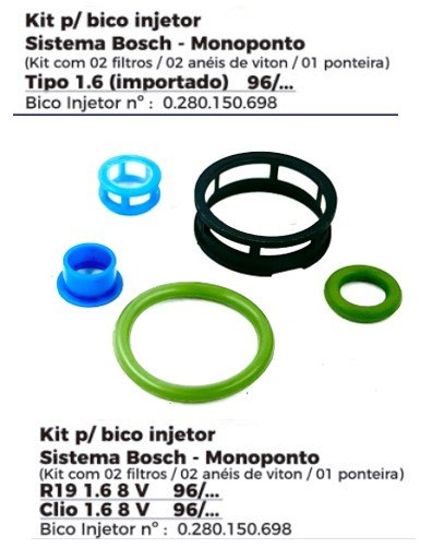 ISO1902064 - REPARO BICO INJETOR SISTEMA BOSCH MONOPONTO/ RENAUT/ CLIO (EMB. COM 02 FILTROS, 02 ANEIS DE VITON, 01 PONTEIRA - PREÇO DO KIT) - KIT ISO1902064 - REPARO BICO INJETOR SISTEMA BOSCH MONOPONTO/ RENAUT/ CLIO (EMB. COM 02 FILTROS, 02 ANEIS DE VITON, 01 PONTEIRA - PREÇO DO KIT) - KIT