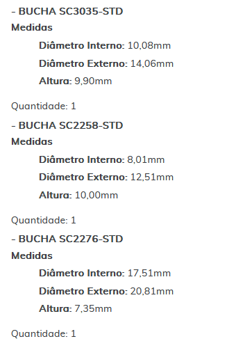 KIT SC0311-STD   - KIT BUCHA PARTIDA FUSION/ MILAN/ TORO/ SANDERO/ LOGAN - COMPOSTO POR:1-BUCHA SC2206-STD/ 1-BUCHA SC3035-STD/ 1-BUCHA SC2258-STD/ 1-BUCHA SC2276-STD - KIT
