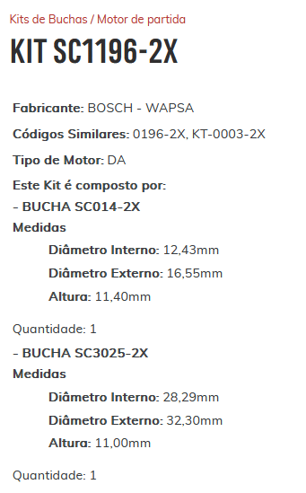KIT SC1196-2X - KIT BUCHA PARTIDA BOSCH/ GOL BOLA/ MI/ PARATI MI/ WAPSA/ VW - ESTE KIT É COMPOSTO POR: 1-BUCHA SC014-2X/ 1-BUCHA SC3025-2X - KIT KIT SC1196-2X - KIT BUCHA PARTIDA BOSCH/ GOL BOLA/ MI/ PARATI MI/ WAPSA/ VW - ESTE KIT É COMPOSTO POR: 1-BUCHA SC014-2X/ 1-BUCHA SC3025-2X - KIT