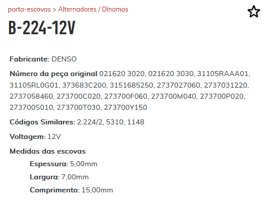 B-224-12V - PORTA ESCOVA ALTERNADOR DENSO COROLA/ HILUX/ FIESTA/ RANGE ROVER/ - PC B-224-12V - PORTA ESCOVA ALTERNADOR DENSO COROLA/ HILUX/ FIESTA/ RANGE ROVER/ - PC