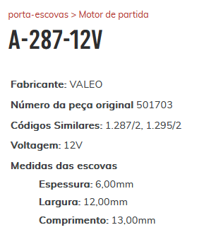 A-287-12V - PORTA ESCOVA PARTIDA VALEO - PEUGEOT 206/ FORD KA - PC A-287-12V - PORTA ESCOVA PARTIDA VALEO - PEUGEOT 206/ FORD KA - PC