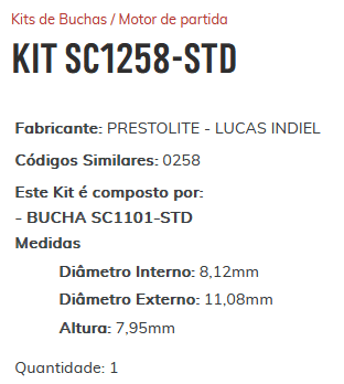KIT SC1258 STD - KIT BUCHA PARTIDA PRESTOLITE/ LUCAS/ VW/ FORD/ POLO/ FOCUS (ESTE KIT CONTEM 01 BUCHA SCSC1101- 01 BUCHA SC093- 01 BUCHA SC1100- 01 BUCHA SC3008) - KIT